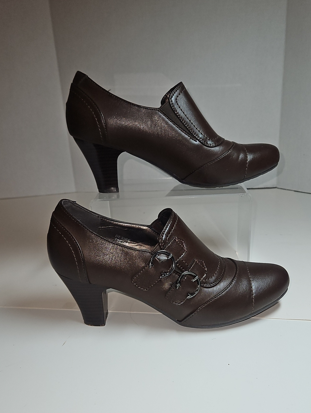 Women’s Brown Leatherette Heel Booties with Decorative Buckles 8.5 Medium